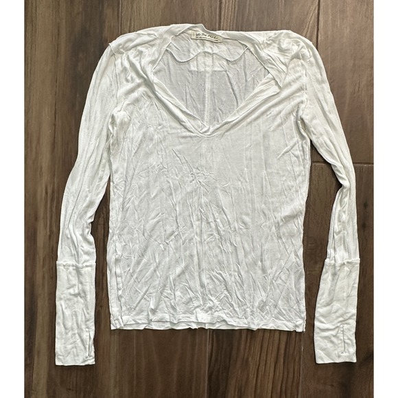 We The Free Cotton Cream V Neck Long Sleeve Sz Small Boho Lounge Thumb Hole - Picture 1 of 6
